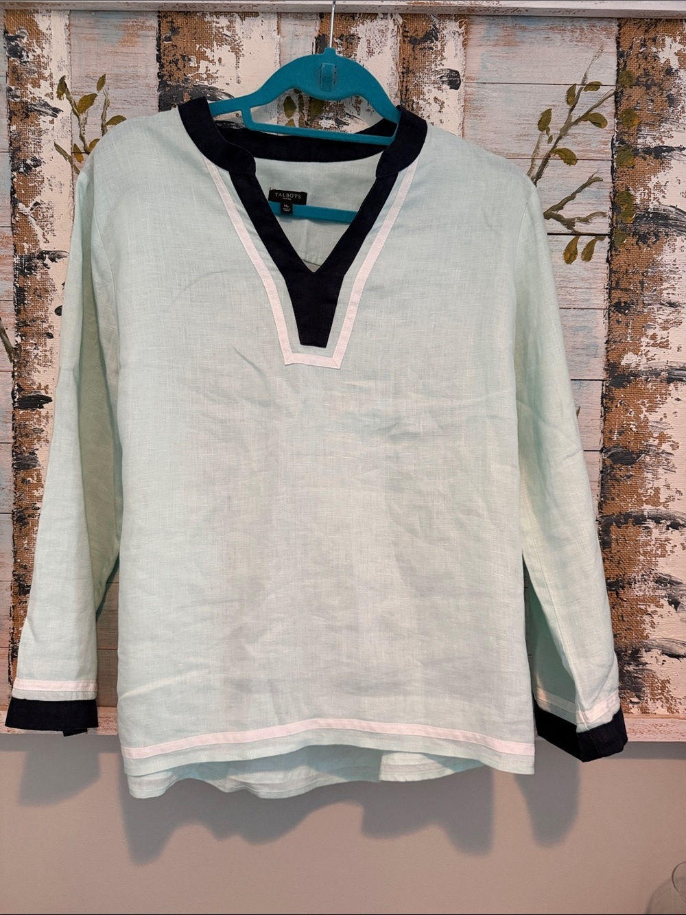 Talbots Light Blue/Green Linen Button-Down Tunic with Navy & White Trim
